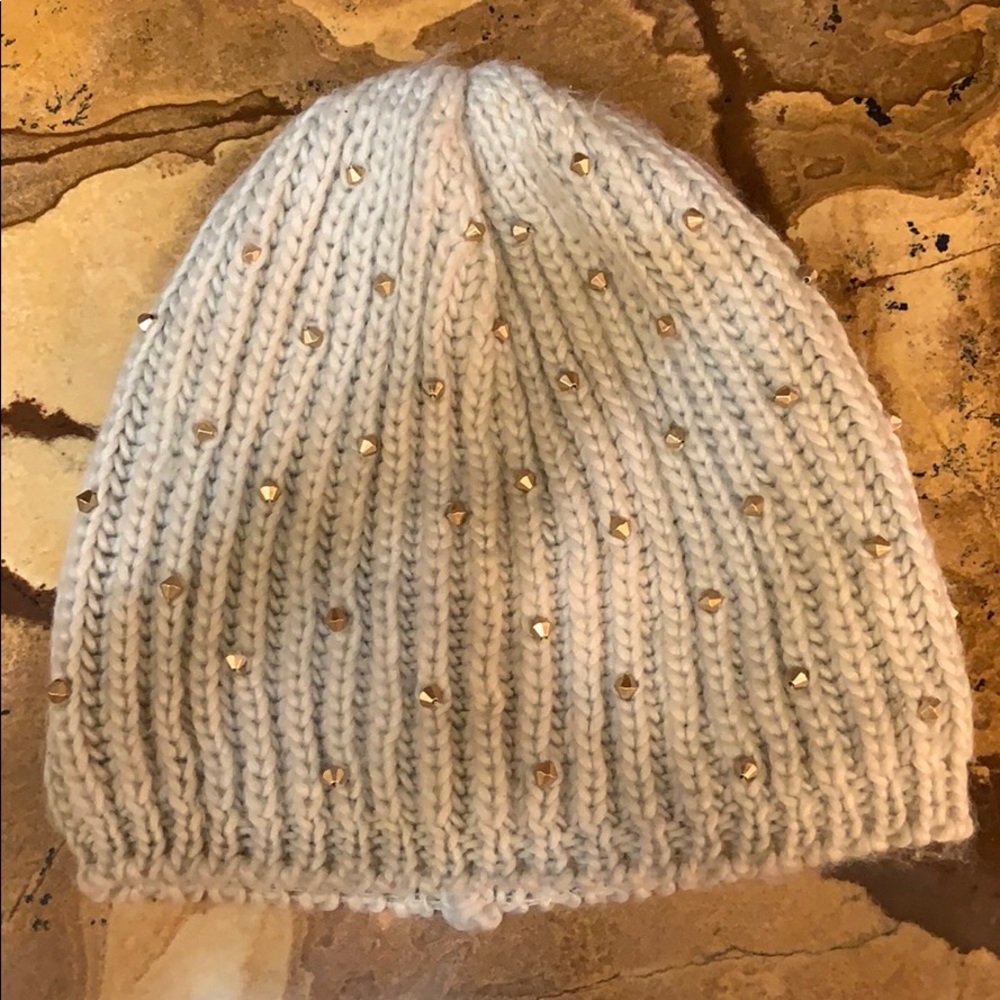 warm beanie hat with gold beads on them